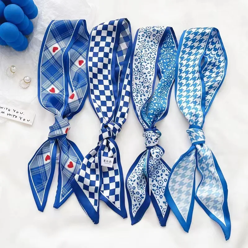 Travel Accessories Gifts - Kleinblauer Seidenschal, neues Schachbrett-Stirnband für Damen,